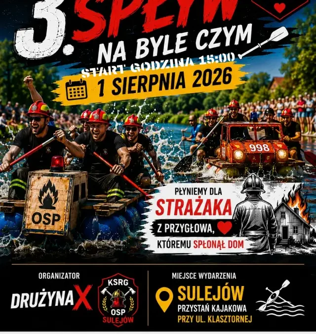 3. Strażacki spływ na byle czym – pomoc dla strażaka z Przygłowa