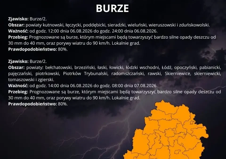 Ostrzeżenie meteorologiczne II stopnia dla powiatu piotrkowskiego