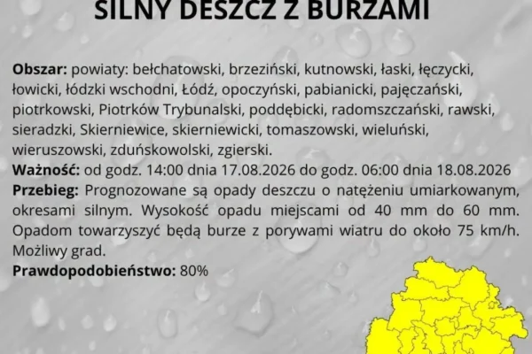 Ostrzeżenie I stopnia: silny deszcz i burze w regionie łódzkim