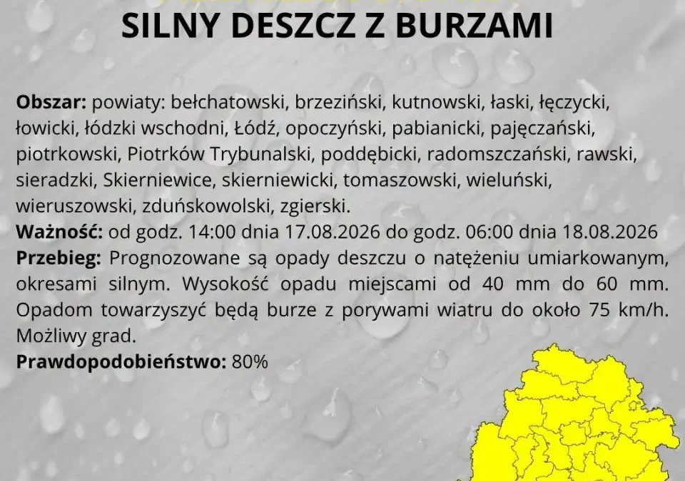Ostrzeżenie I stopnia: silny deszcz i burze w regionie łódzkim