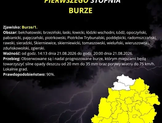 Ostrzeżenie IMGW: Burze z gradem i silnym wiatrem w regionie łódzkim
