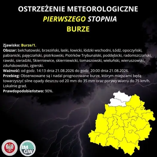 Ostrzeżenie IMGW: Burze z gradem i silnym wiatrem w regionie łódzkim