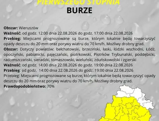 Ostrzeżenie IMGW: Burze z gradem i silnym wiatrem w regionie łódzkim
