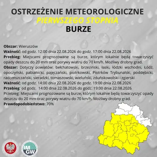 Ostrzeżenie IMGW: Burze z gradem i silnym wiatrem w regionie łódzkim