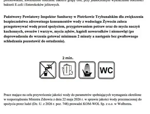 Sanepid w Piotrkowie Trybunalskim: woda w Żywocinie niezdatna do picia bez przegotowania