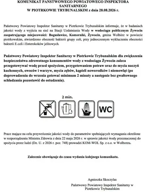 Sanepid w Piotrkowie Trybunalskim: woda w Żywocinie niezdatna do picia bez przegotowania