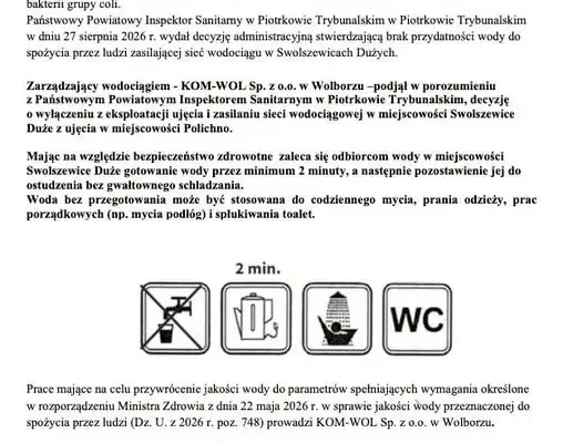 Woda w Swolszewicach Dużych niezdatna do picia – wykryto bakterie grupy coli
