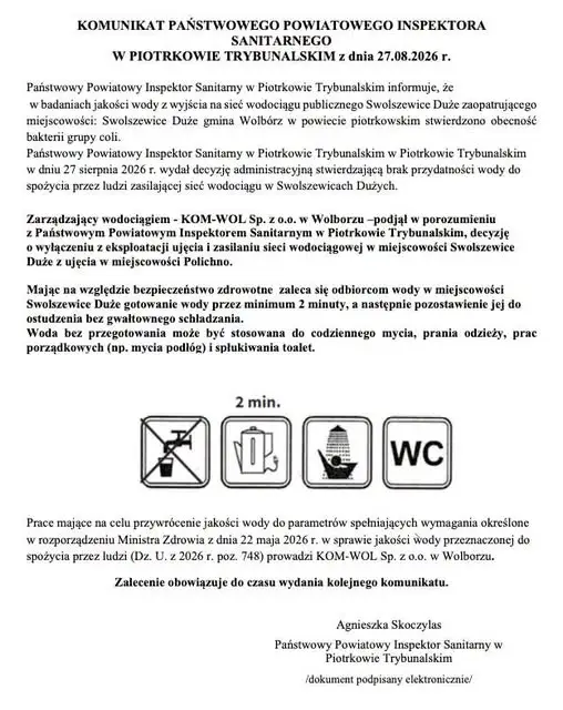 Woda w Swolszewicach Dużych niezdatna do picia – wykryto bakterie grupy coli