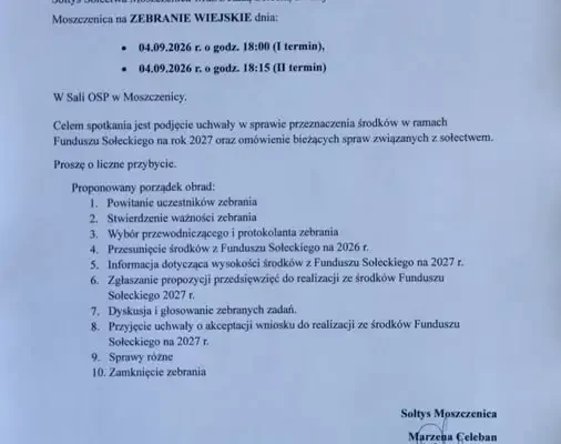 Zebranie wiejskie w Moszczenicy – środki z Funduszu Sołeckiego na 2027 rok