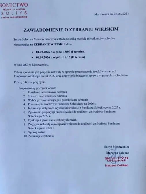 Zebranie wiejskie w Moszczenicy – środki z Funduszu Sołeckiego na 2027 rok