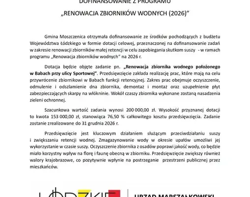 Gmina Moszczenica z dofinansowaniem na renowację zbiornika w Babach