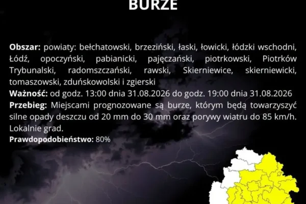 Ostrzeżenie przed burzami w regionie łódzkim – IMGW wydał alert I stopnia