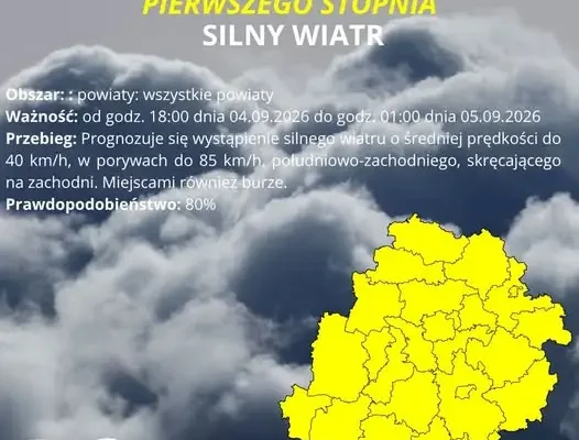 Ostrzeżenie IMGW: Silny wiatr w całym województwie – porywy do 85 km/h