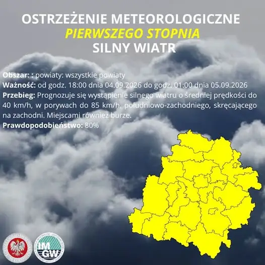 Ostrzeżenie IMGW: Silny wiatr w całym województwie – porywy do 85 km/h