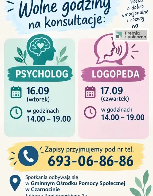 Bezpłatne konsultacje logopedyczne w Czarnocinie – 16 i 17 września
