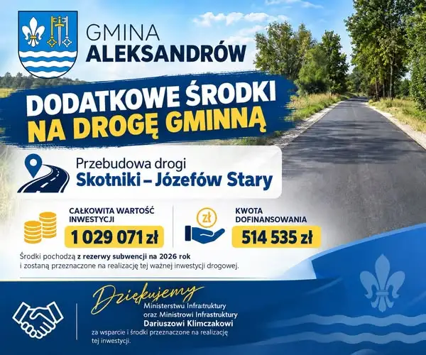 Ponad pół miliona złotych na drogę Skotniki – Józefów Stary w gminie Aleksandrów